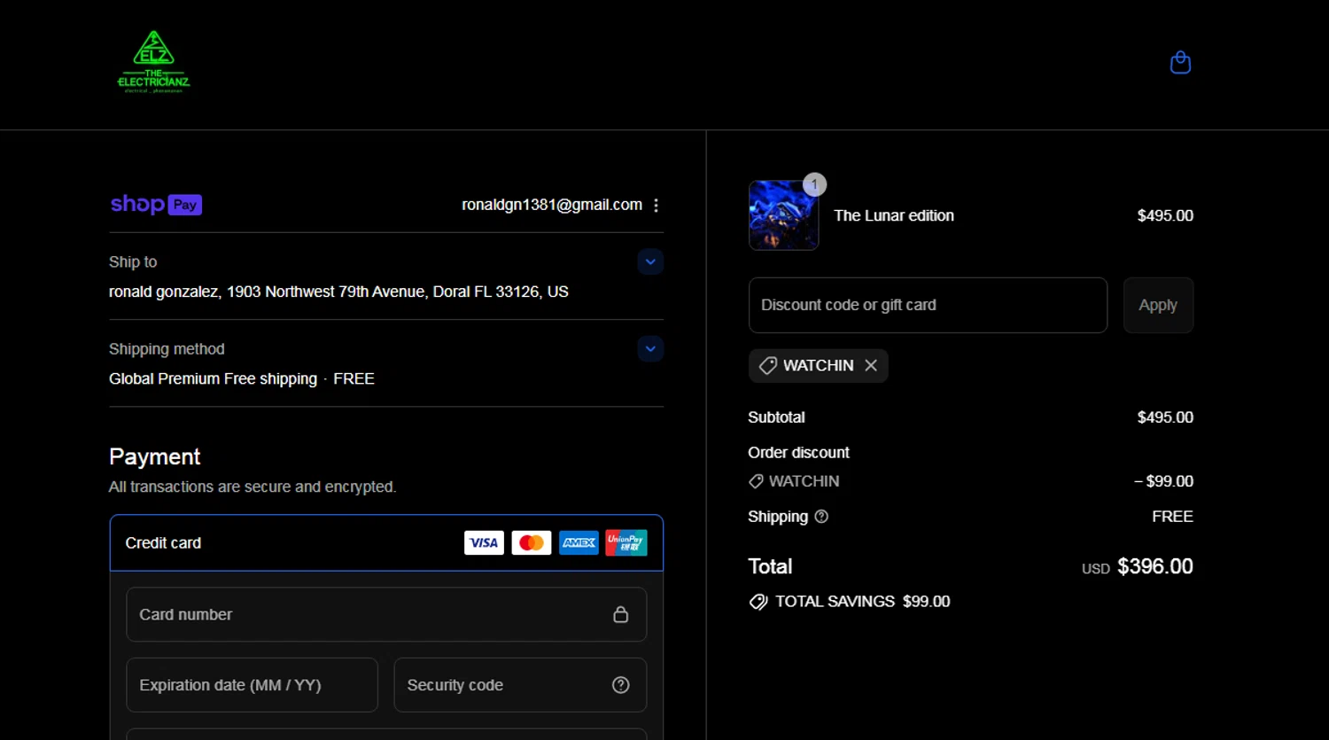 The Electricianz promo code screenshot showing code WATCHIN applied at The Electricianz checkout page. Uploaded by SimplyCodes community member Yuskecoder426913 on Aug 1, 2025