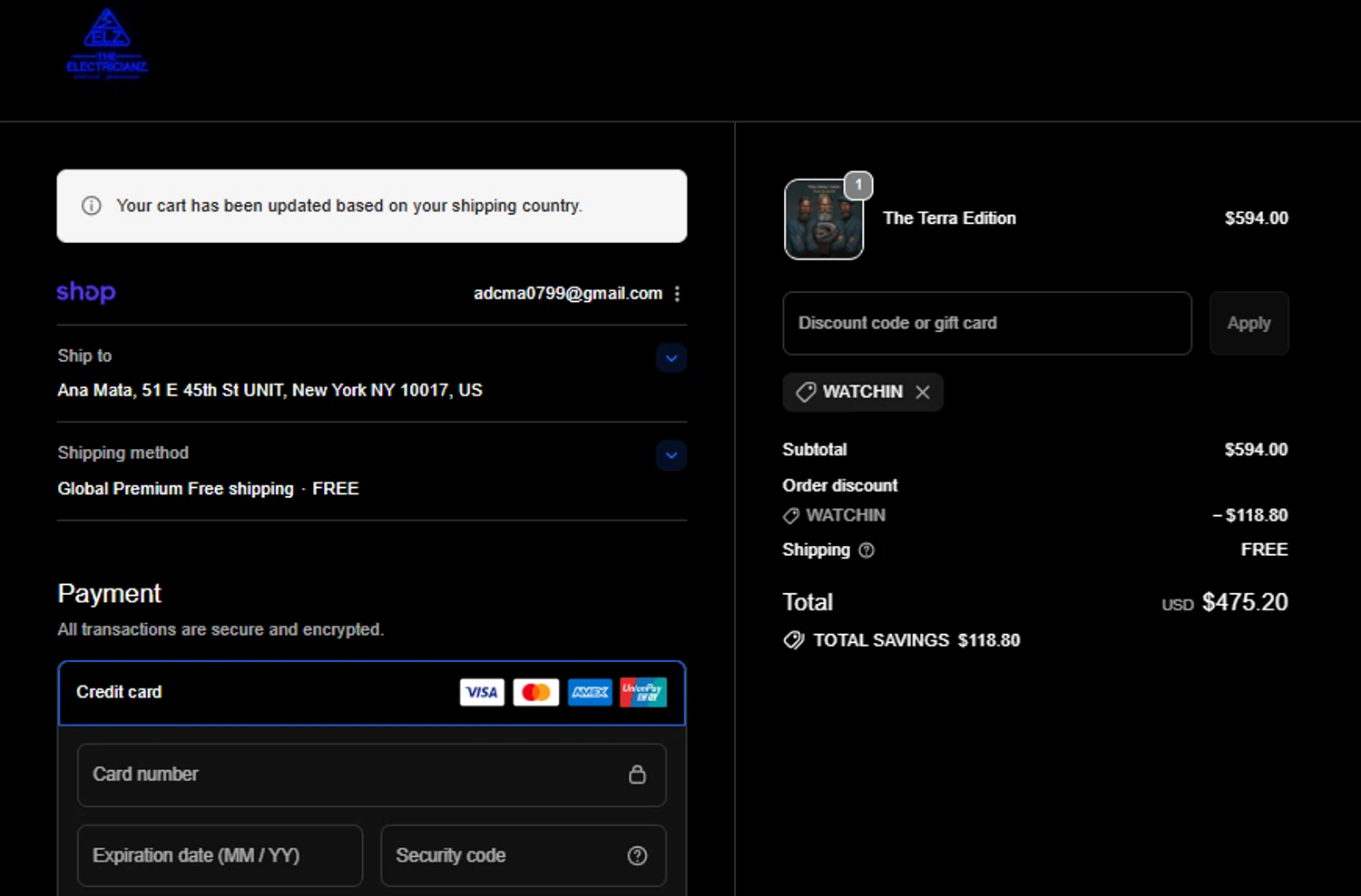 The Electricianz promo code screenshot showing code WATCHIN applied at The Electricianz checkout page. Uploaded by SimplyCodes community member peachee on Nov 26, 2025
