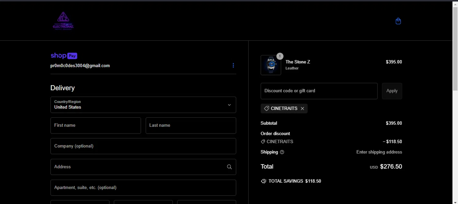 The Electricianz promo code screenshot showing code CineTraits applied at The Electricianz checkout page. Uploaded by SimplyCodes community member kaiser2 on Feb 26, 2025