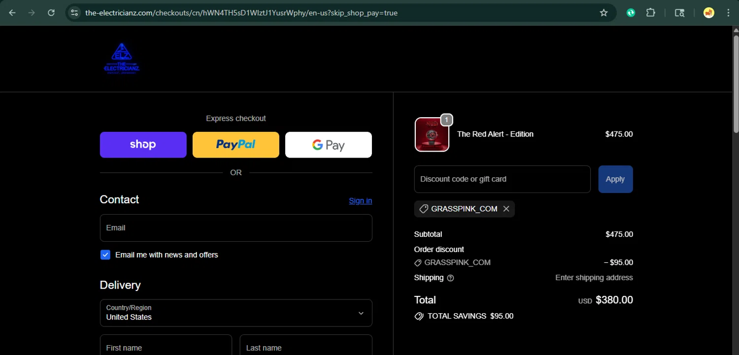 The Electricianz promo code screenshot showing code GRASSPINK_COM applied at The Electricianz checkout page. Uploaded by SimplyCodes community member giselmarstephanny on Oct 24, 2025