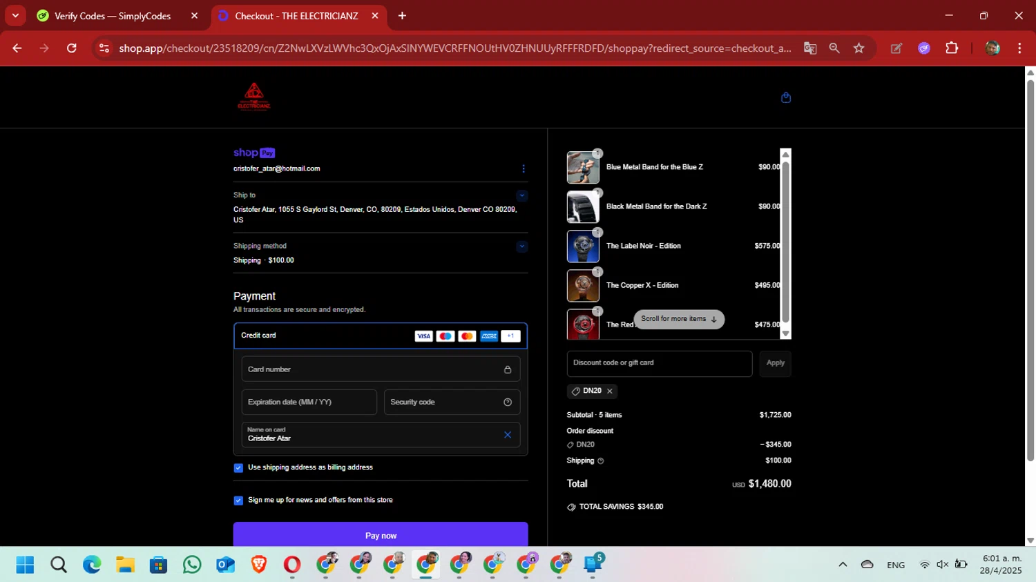 The Electricianz promo code screenshot showing code DN20 applied at The Electricianz checkout page. Uploaded by SimplyCodes community member David_Gut_Sonic on Apr 28, 2025