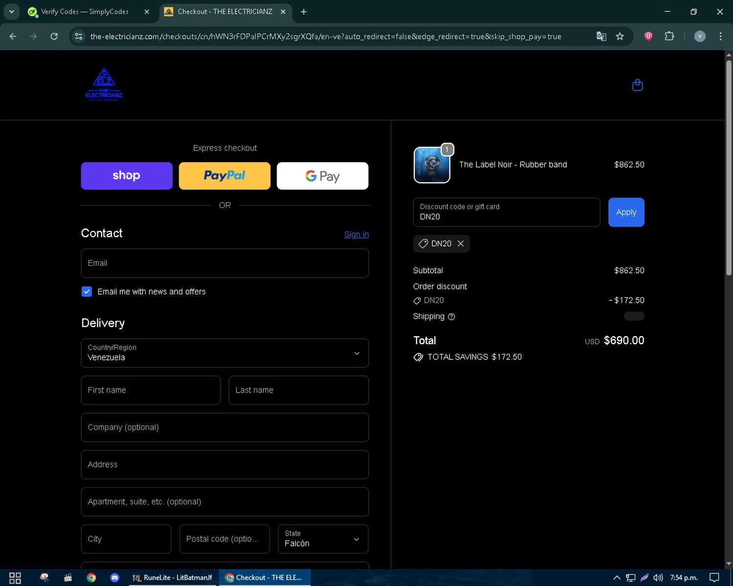 The Electricianz promo code screenshot showing code DN20 applied at The Electricianz checkout page. Uploaded by SimplyCodes community member charmander589 on Oct 7, 2025