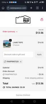 PAWPRINTS20 coupon verification screenshot