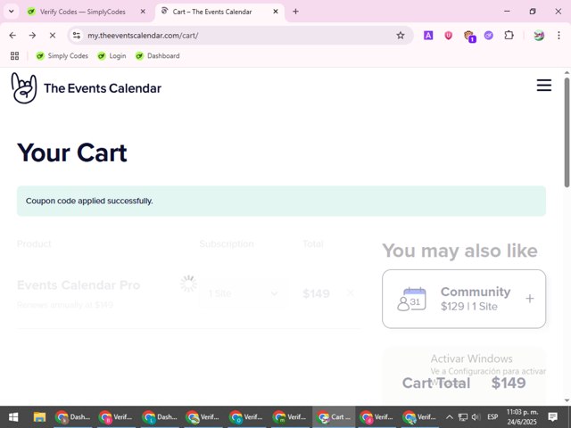 The Events Calendar checkout page showing The Events Calendar coupon code box | Screenshot taken by SimplyCodes community member on Jun 25, 2025