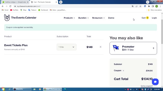 The Events Calendar checkout page showing The Events Calendar coupon code box | Screenshot taken by SimplyCodes community member on Sep 5, 2025
