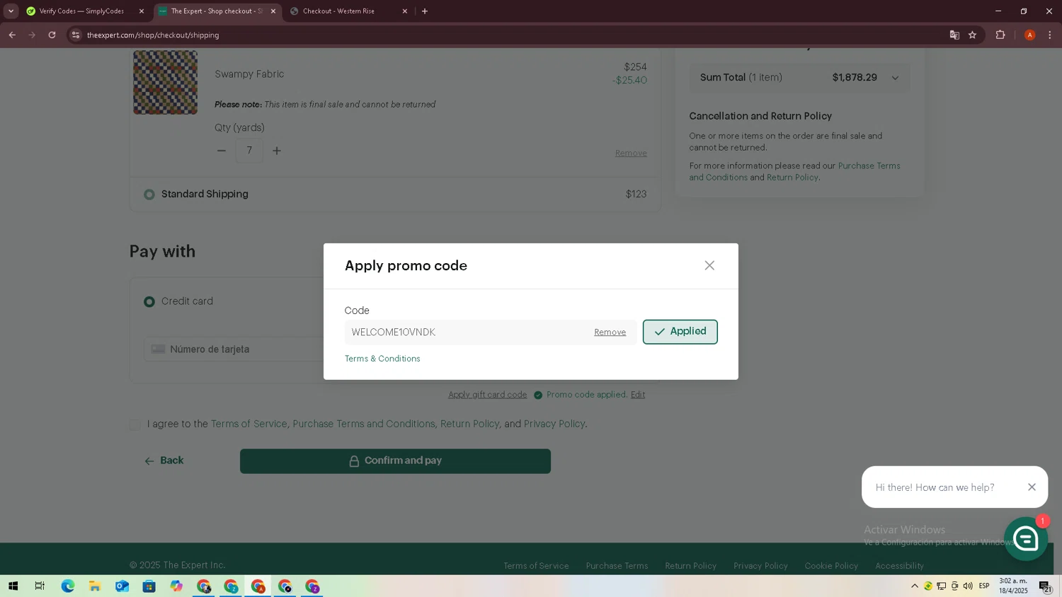 The Expert promo code screenshot showing code WELCOME10VNDK applied at The Expert checkout page. Uploaded by SimplyCodes community member zxxx27 on Apr 18, 2025
