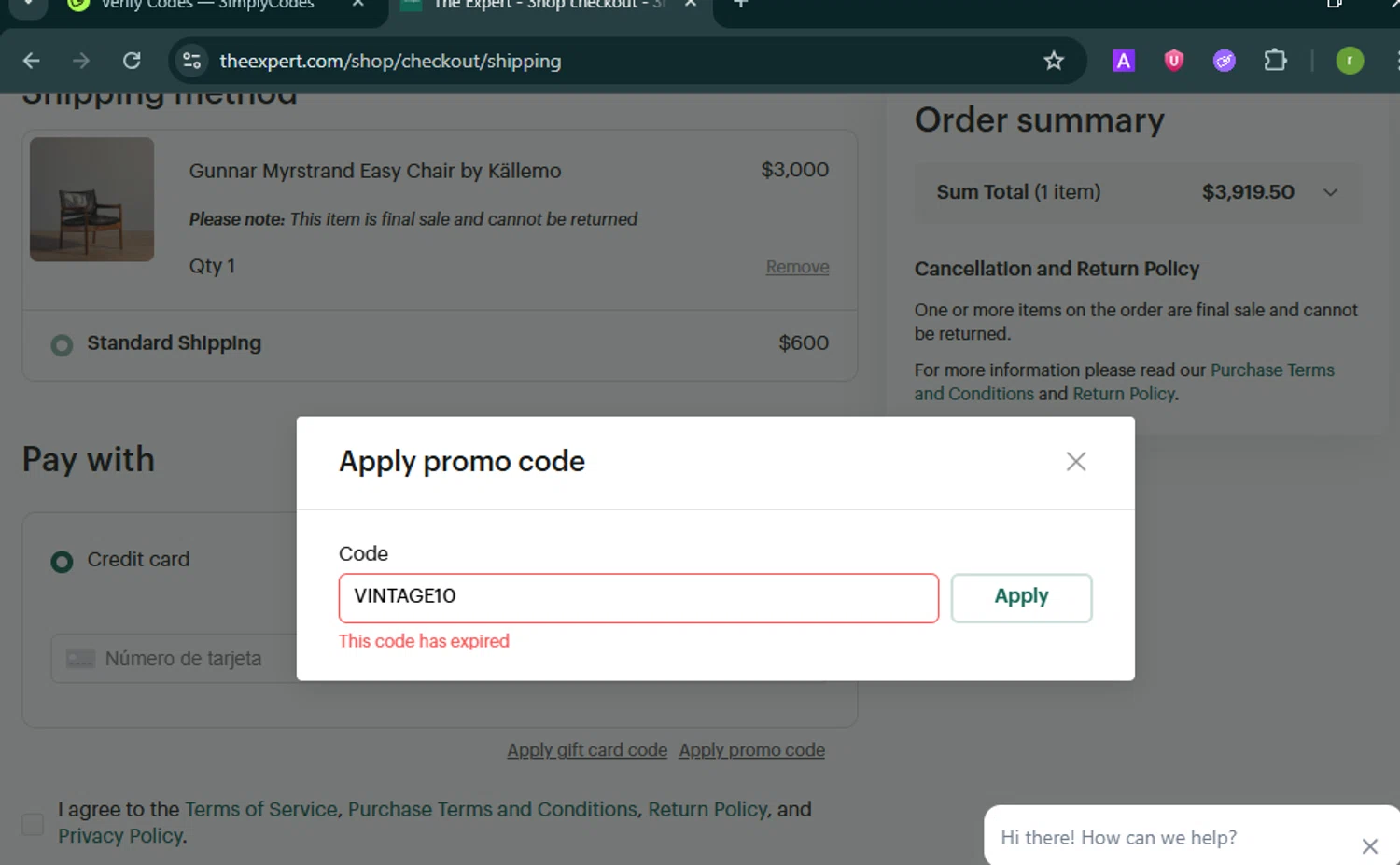 The Expert promo code screenshot showing code VINTAGE10 applied at The Expert checkout page. Uploaded by SimplyCodes community member BonusShopper7805 on Jun 5, 2025