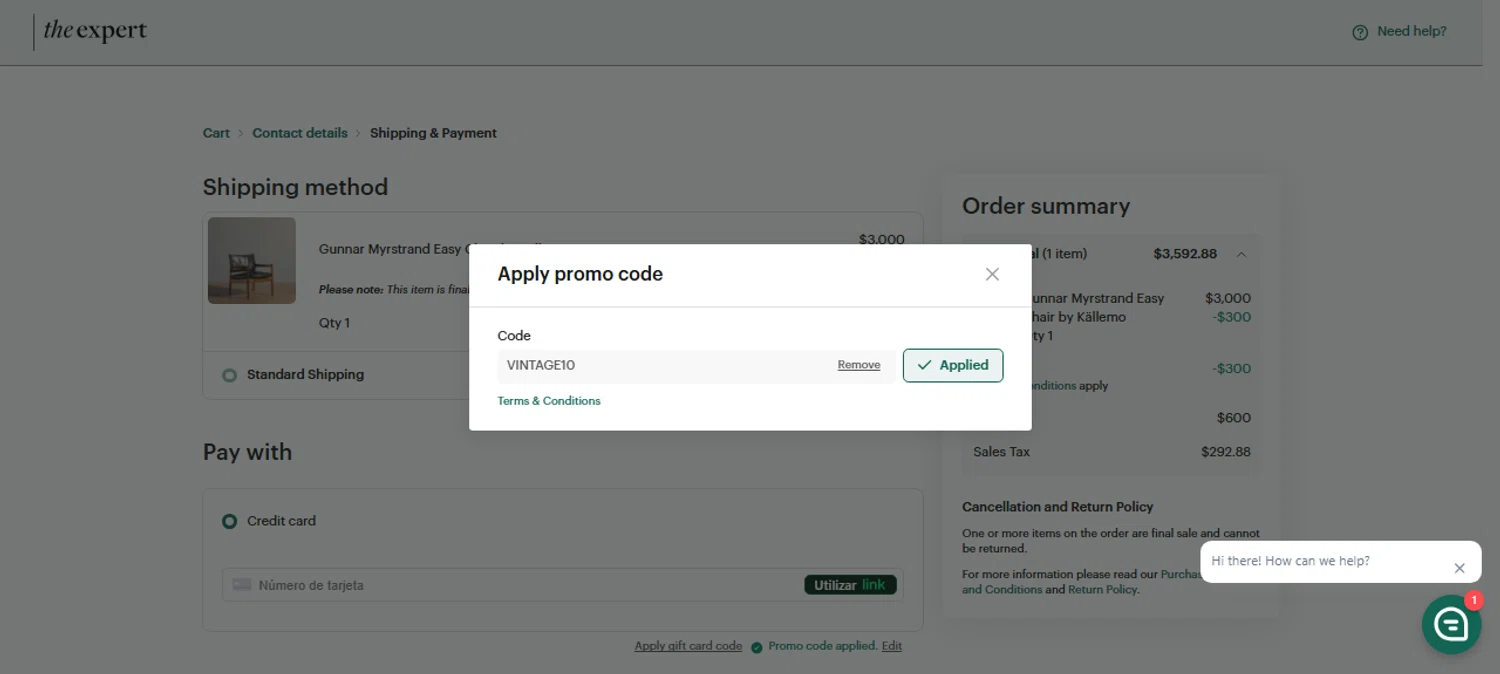 The Expert checkout page showing The Expert promo code box | Screenshot taken by SimplyCodes community member on May 7, 2025