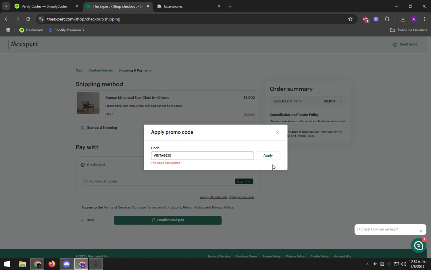 The Expert promo code screenshot showing code VINTAGE10 applied at The Expert checkout page. Uploaded by SimplyCodes community member DeathBone on Jun 5, 2025
