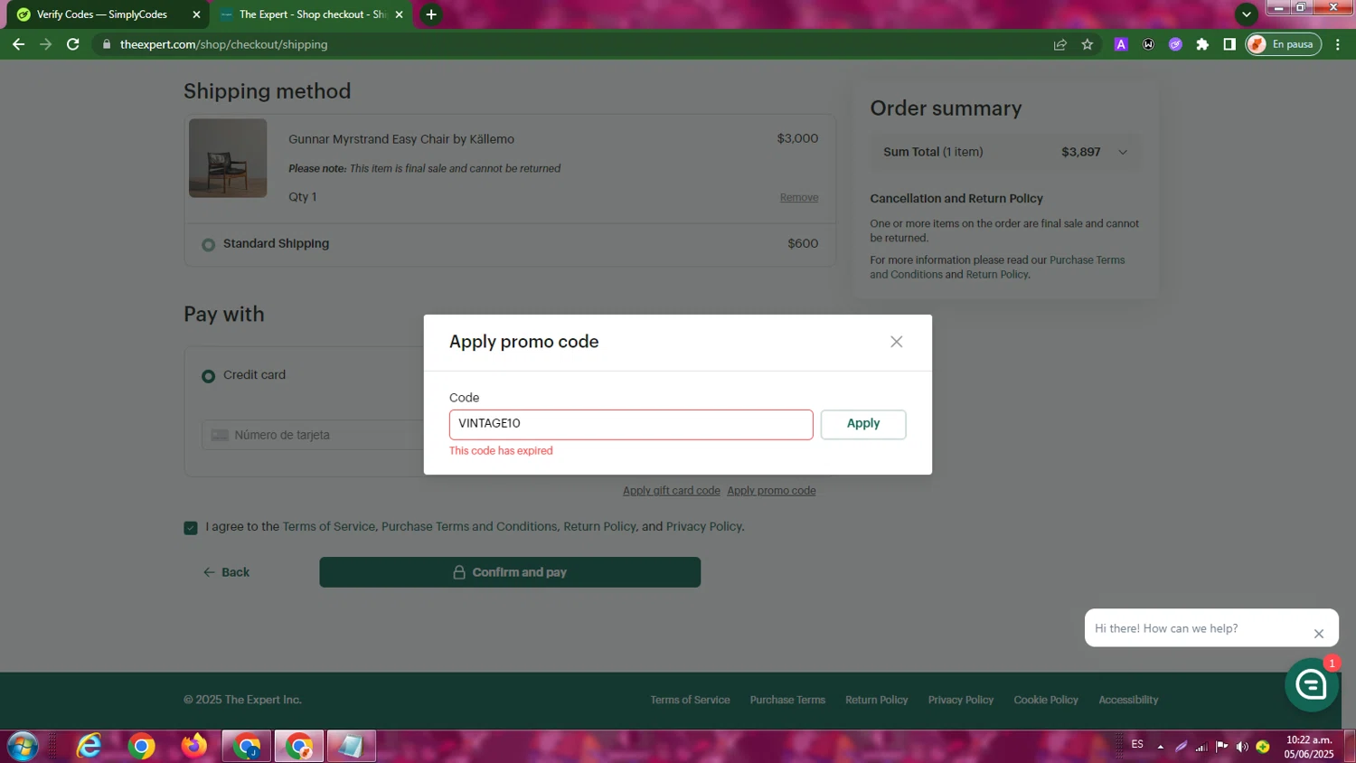 The Expert promo code screenshot showing code VINTAGE10 applied at The Expert checkout page. Uploaded by SimplyCodes community member LegendaryBoss7060 on Jun 5, 2025