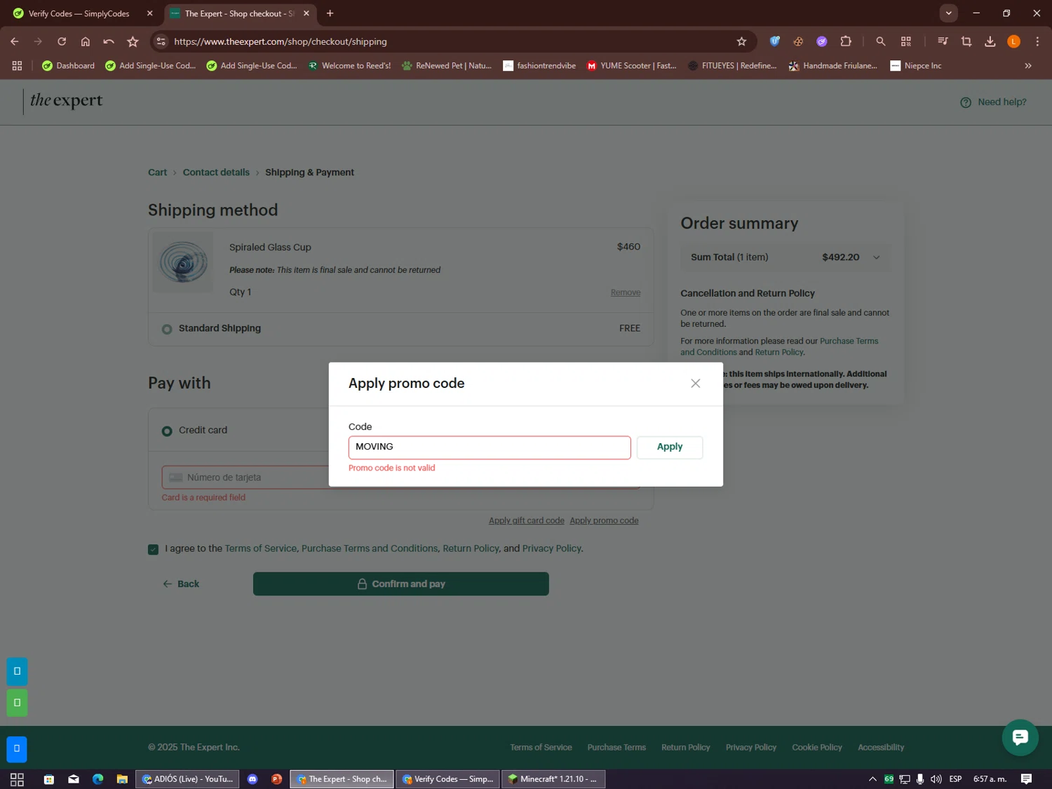 The Expert promo code screenshot showing code MOVING applied at The Expert checkout page. Uploaded by SimplyCodes community member Alalee on Dec 5, 2025