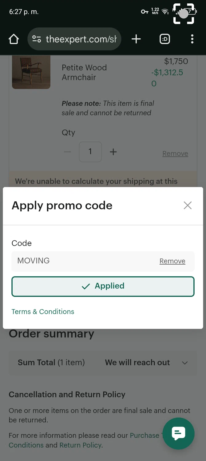 The Expert checkout page showing The Expert promo code box | Screenshot taken by SimplyCodes community member on Oct 8, 2025
