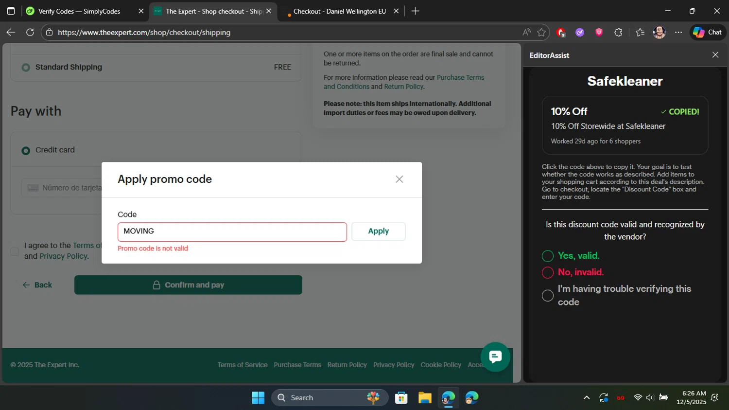 The Expert promo code screenshot showing code MOVING applied at The Expert checkout page. Uploaded by SimplyCodes community member Blackleg_Sanji on Dec 5, 2025