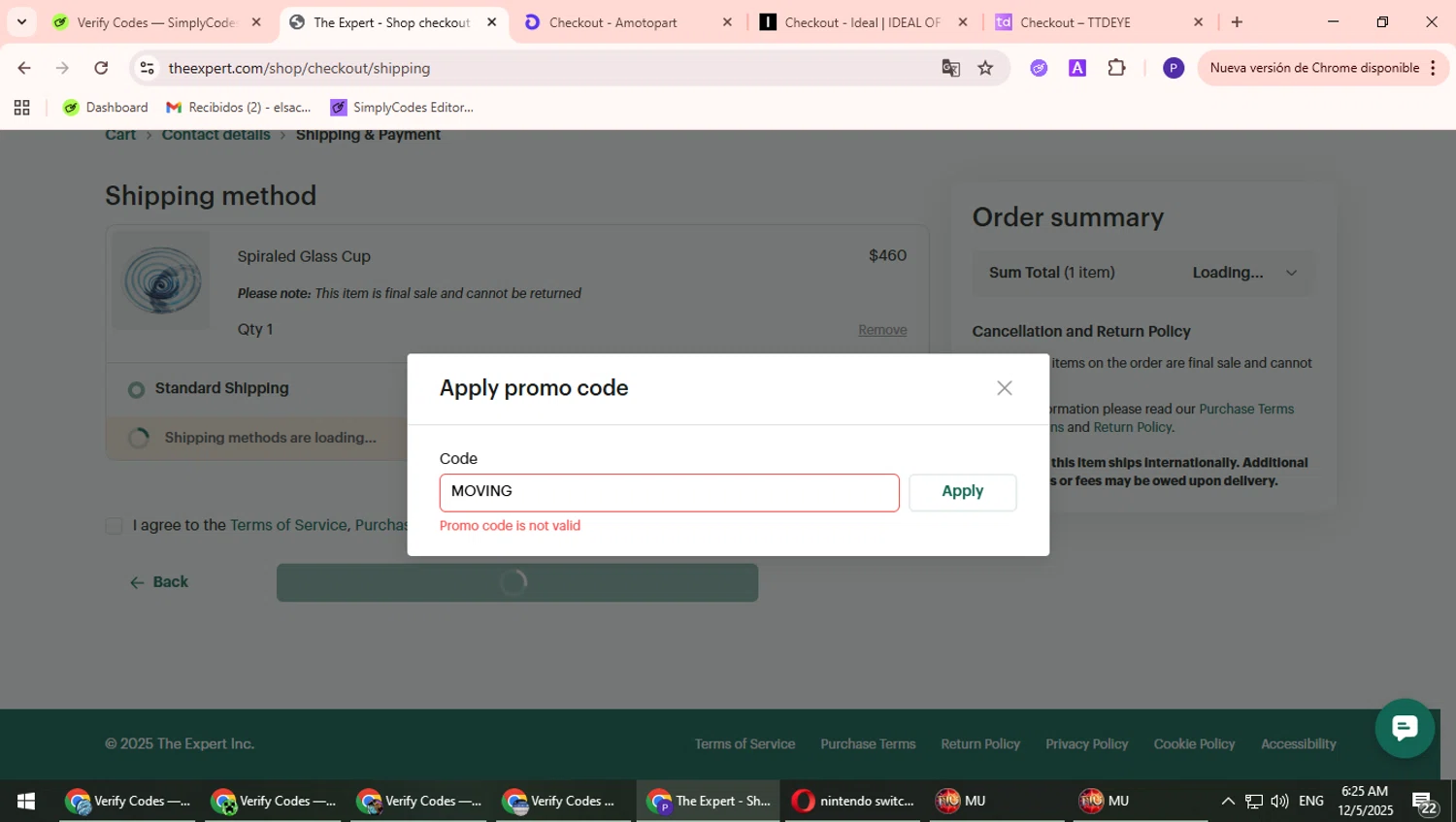 The Expert promo code screenshot showing code MOVING applied at The Expert checkout page. Uploaded by SimplyCodes community member Suicune on Dec 5, 2025