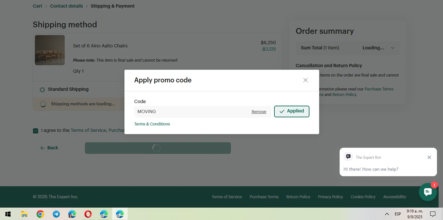 The Expert checkout page showing The Expert promo code box | Screenshot taken by SimplyCodes community member on Sep 9, 2025
