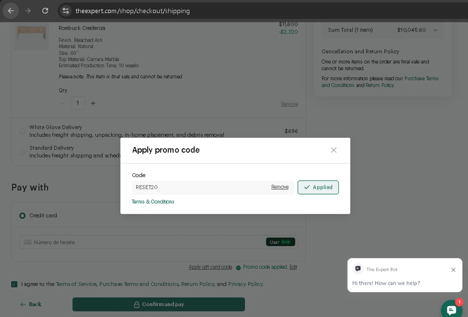 The Expert promo code screenshot showing code RESET20 applied at The Expert checkout page. Uploaded by SimplyCodes community member BonusPro7395 on Aug 27, 2025