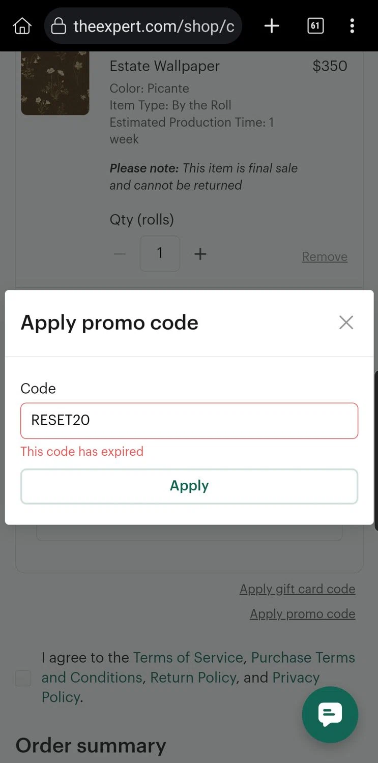 The Expert promo code screenshot showing code RESET20 applied at The Expert checkout page. Uploaded by SimplyCodes community member Carloslvz on Sep 25, 2025