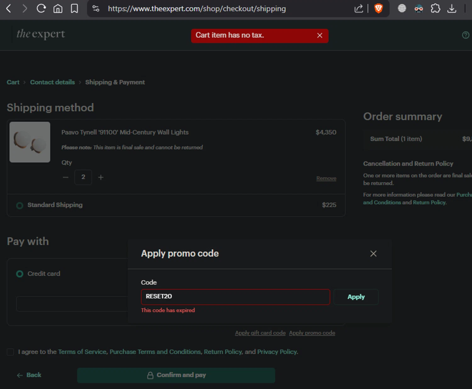 The Expert promo code screenshot showing code RESET20 applied at The Expert checkout page. Uploaded by SimplyCodes community member idkxxx on Sep 25, 2025