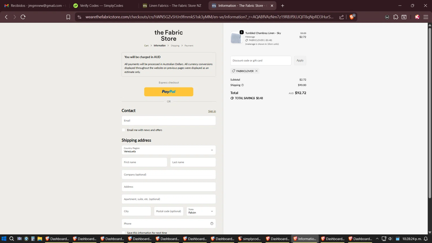 The Fabric Store Online promo code screenshot showing code FABRICLOVER applied at The Fabric Store Online checkout page. Uploaded by SimplyCodes community member Amidamaru on Nov 14, 2025