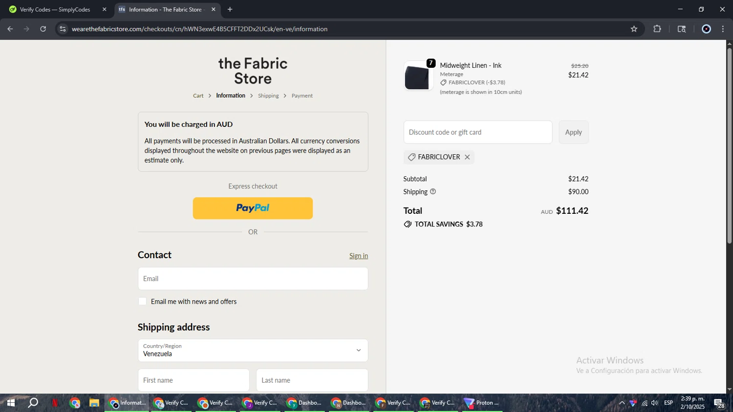 The Fabric Store Online promo code screenshot showing code FABRICLOVER applied at The Fabric Store Online checkout page. Uploaded by SimplyCodes community member RoyalBoss4384 on Oct 2, 2025