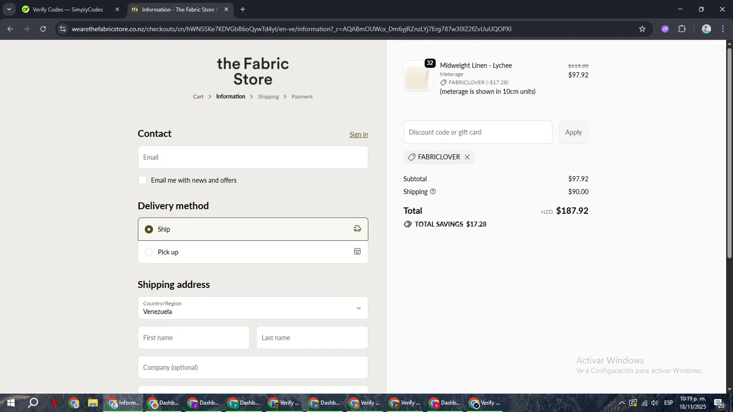 The Fabric Store Online promo code screenshot showing code FABRICLOVER applied at The Fabric Store Online checkout page. Uploaded by SimplyCodes community member ShrewdSeeker6165 on Nov 19, 2025