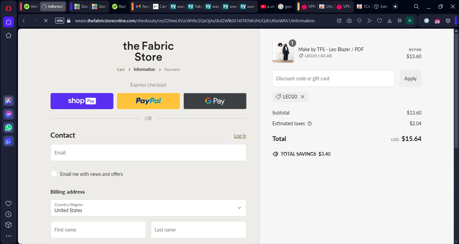 The Fabric Store Online promo code screenshot showing code LEO20 applied at The Fabric Store Online checkout page. Uploaded by SimplyCodes community member Norman_KSD on Jan 6, 2025