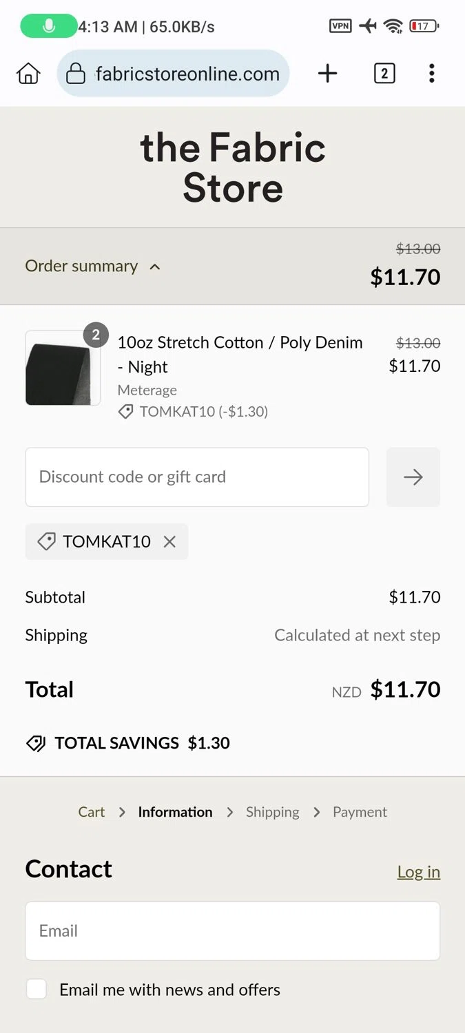The Fabric Store Online promo code screenshot showing code TOMKAT10 applied at The Fabric Store Online checkout page. Uploaded by SimplyCodes community member _____________ on Jan 13, 2025