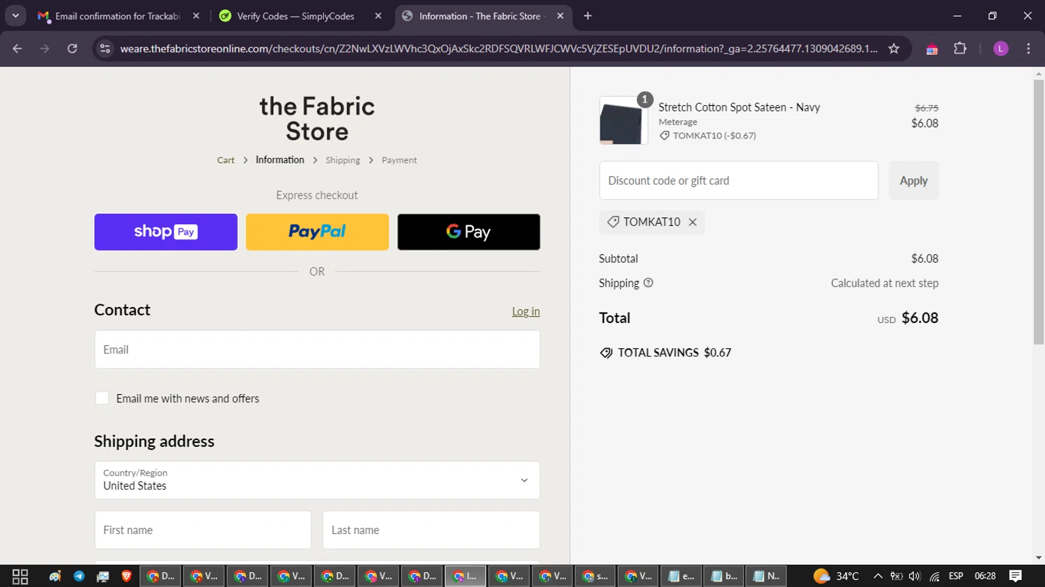 The Fabric Store Online promo code screenshot showing code TOMKAT10 applied at The Fabric Store Online checkout page. Uploaded by SimplyCodes community member RewardScout5160 on Dec 28, 2024