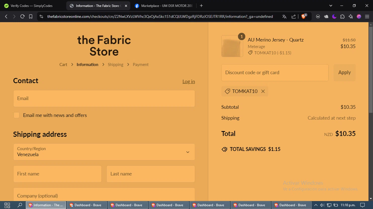 The Fabric Store Online promo code screenshot showing code TOMKAT10 applied at The Fabric Store Online checkout page. Uploaded by SimplyCodes community member laleyjose on Dec 28, 2024