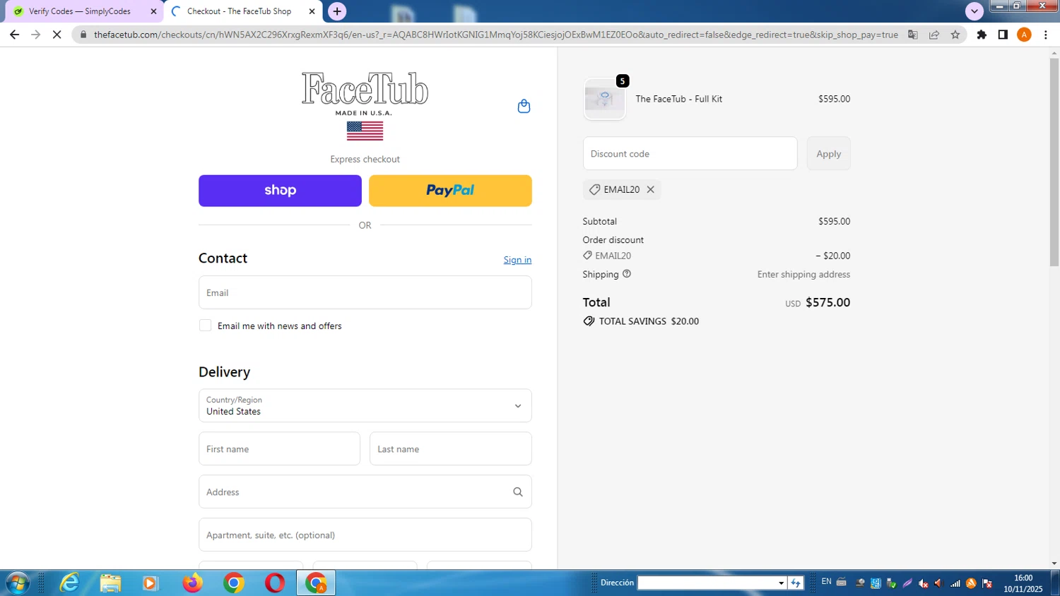 The FaceTub Shop promo code screenshot showing code EMAIL20 applied at The FaceTub Shop checkout page. Uploaded by SimplyCodes community member AlfredoBonifacio on Nov 11, 2025