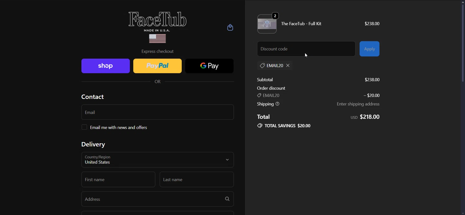 The FaceTub Shop checkout page showing The FaceTub Shop promo code box | Screenshot taken by SimplyCodes community member on Oct 13, 2025