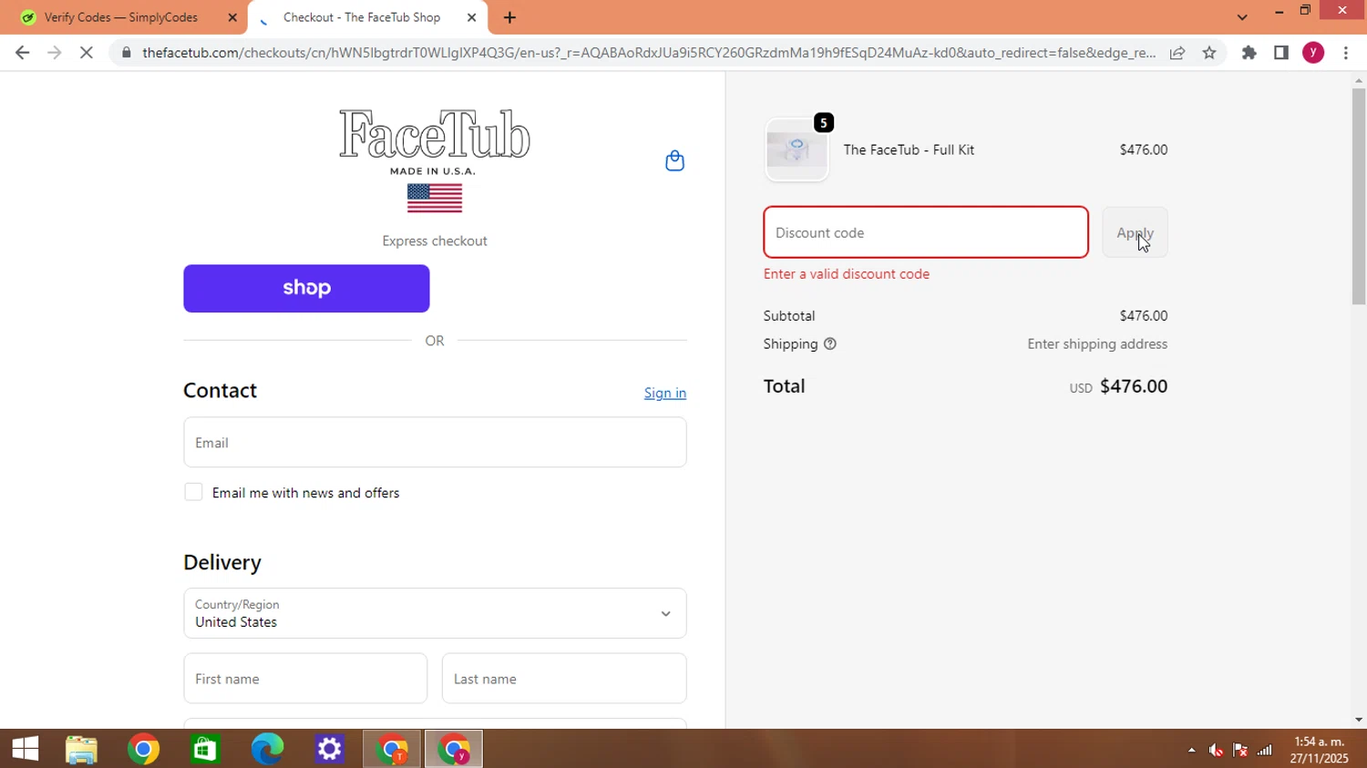 The FaceTub Shop promo code screenshot showing code EMAIL20 applied at The FaceTub Shop checkout page. Uploaded by SimplyCodes community member ThriftyWizard1508 on Nov 27, 2025