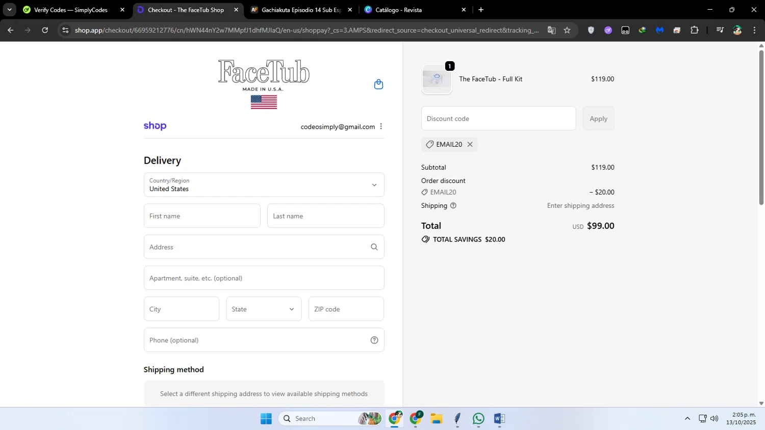 The FaceTub Shop checkout page showing The FaceTub Shop promo code box | Screenshot taken by SimplyCodes community member on Oct 13, 2025