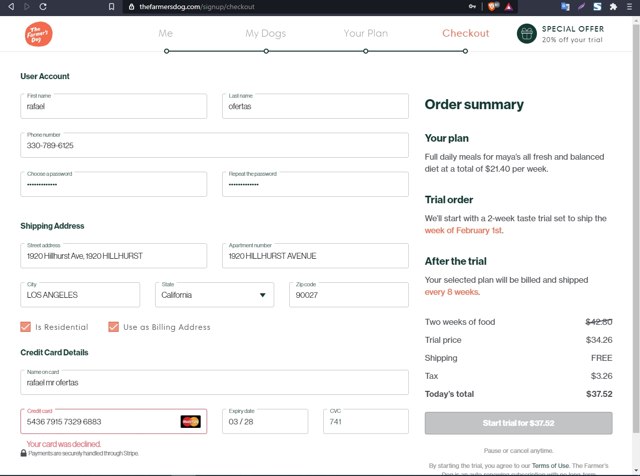 The Farmer's Dog checkout page showing The Farmer's Dog promo code box | Screenshot taken by SimplyCodes community member on Jan 27, 2021