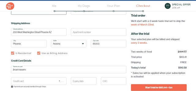 The Farmer's Dog checkout page showing The Farmer's Dog promo code box | Screenshot taken by SimplyCodes community member on Mar 18, 2021