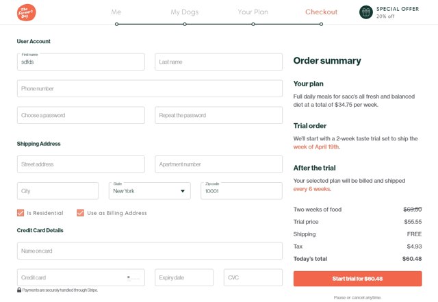 The Farmer's Dog checkout page showing The Farmer's Dog promo code box | Screenshot taken by SimplyCodes community member on Apr 13, 2021
