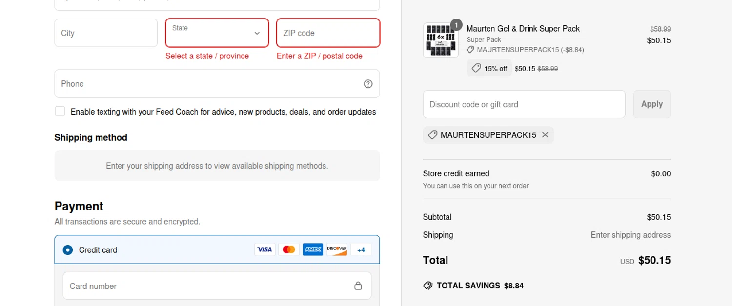 The Feed discount code screenshot showing code MAURTENSUPERPACK15 applied at The Feed checkout page. Uploaded by SimplyCodes community member isjavierpl on Jun 15, 2025