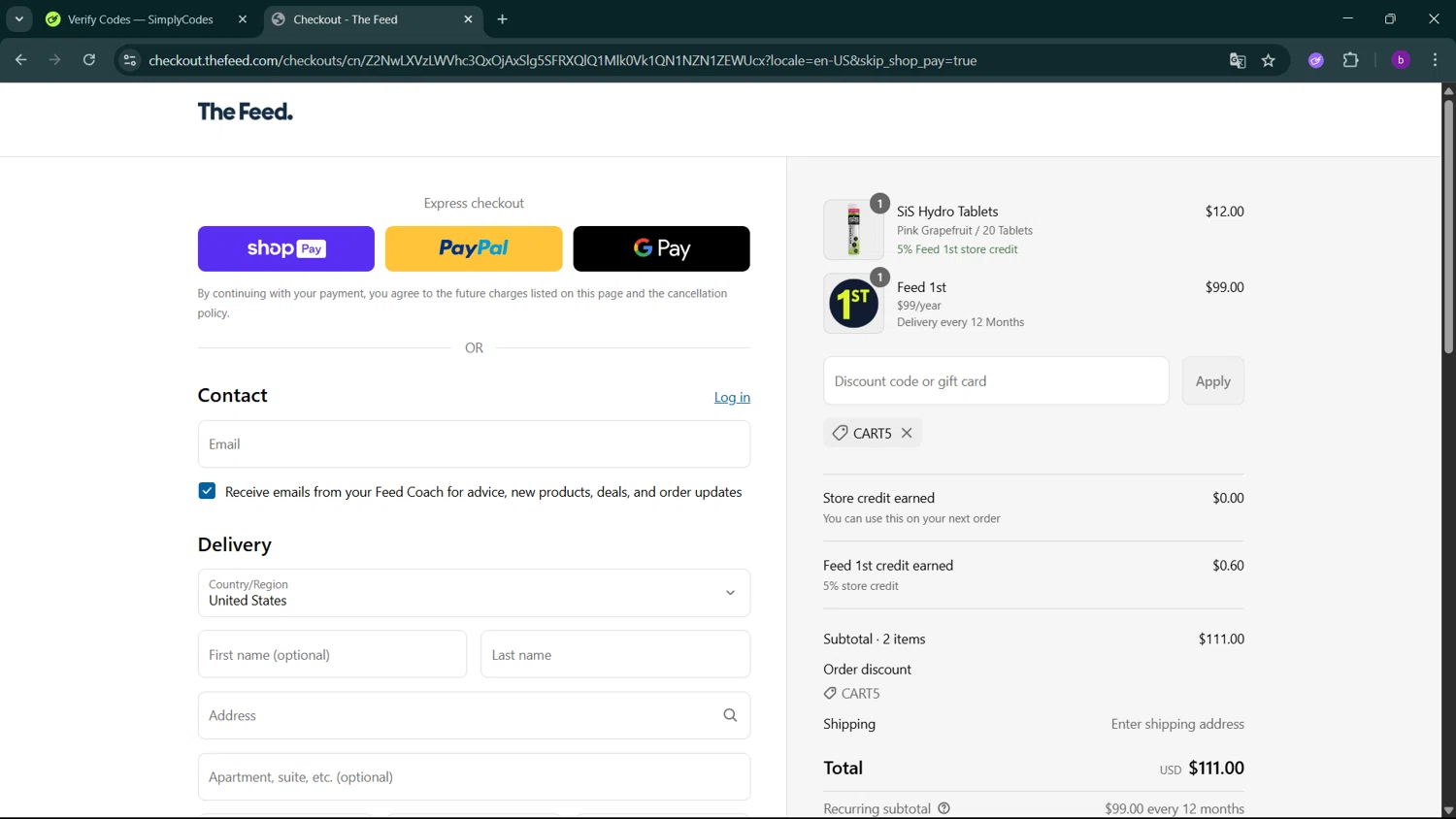 The Feed discount code screenshot showing code CART5 applied at The Feed checkout page. Uploaded by SimplyCodes community member RoyalSleuth2430 on Jun 9, 2025
