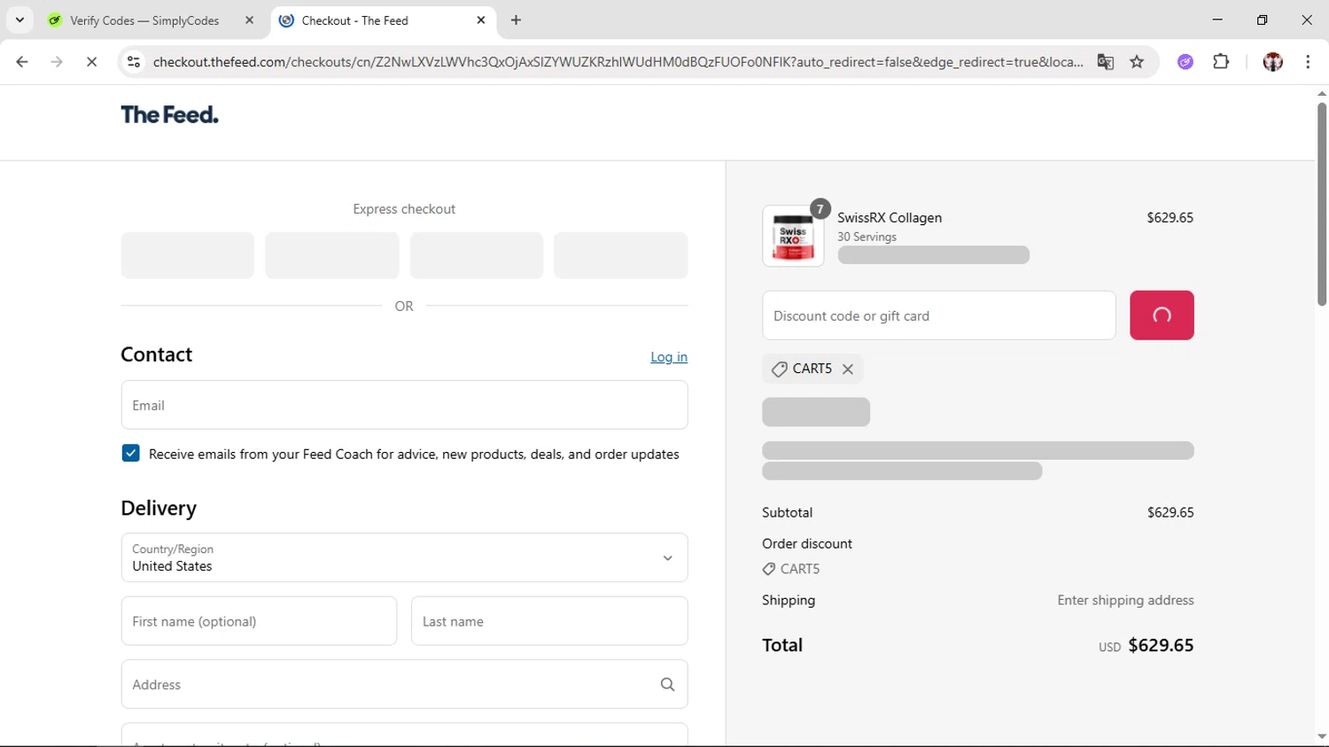 The Feed discount code screenshot showing code CART5 applied at The Feed checkout page. Uploaded by SimplyCodes community member Salometta on May 23, 2025
