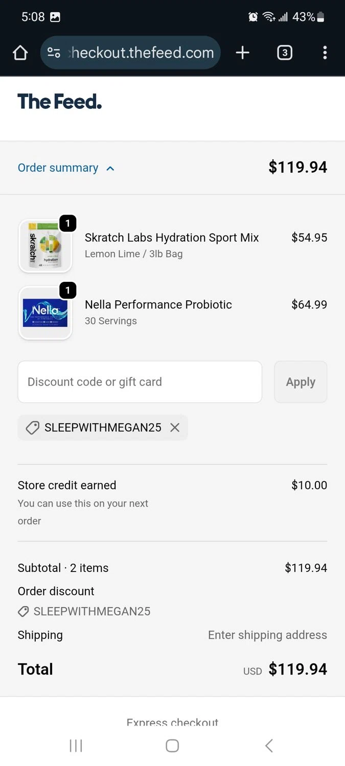 The Feed discount code screenshot showing code SLEEPWITHMEGAN25 applied at The Feed checkout page. Uploaded by SimplyCodes community member Milaya on Oct 19, 2025