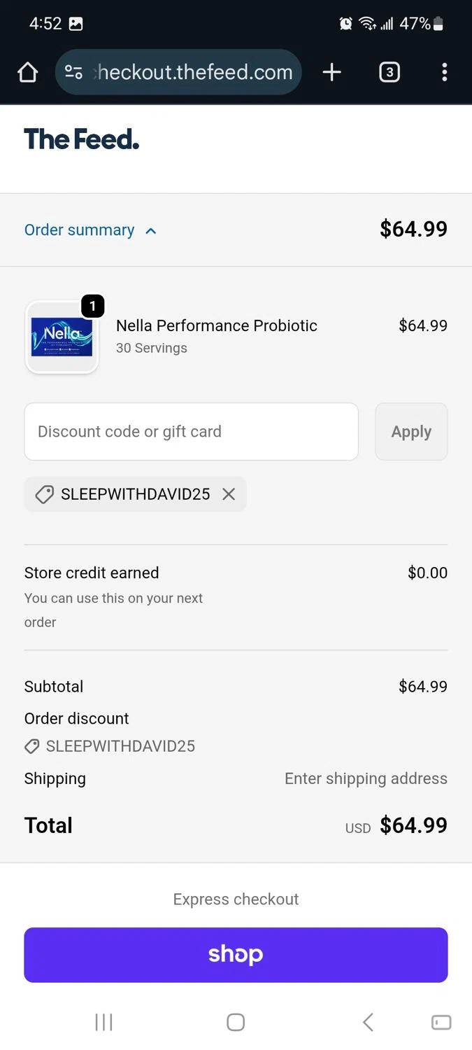 The Feed discount code screenshot showing code SLEEPWITHDAVID25 applied at The Feed checkout page. Uploaded by SimplyCodes community member Milaya on Oct 19, 2025