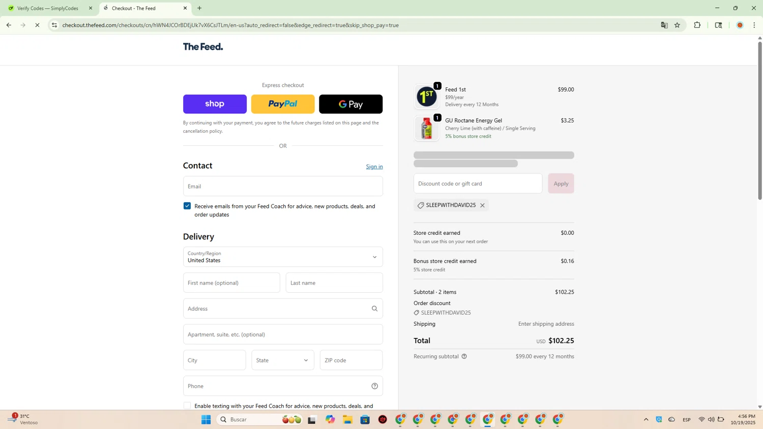 The Feed discount code screenshot showing code SLEEPWITHDAVID25 applied at The Feed checkout page. Uploaded by SimplyCodes community member RewardVoyager146 on Oct 19, 2025