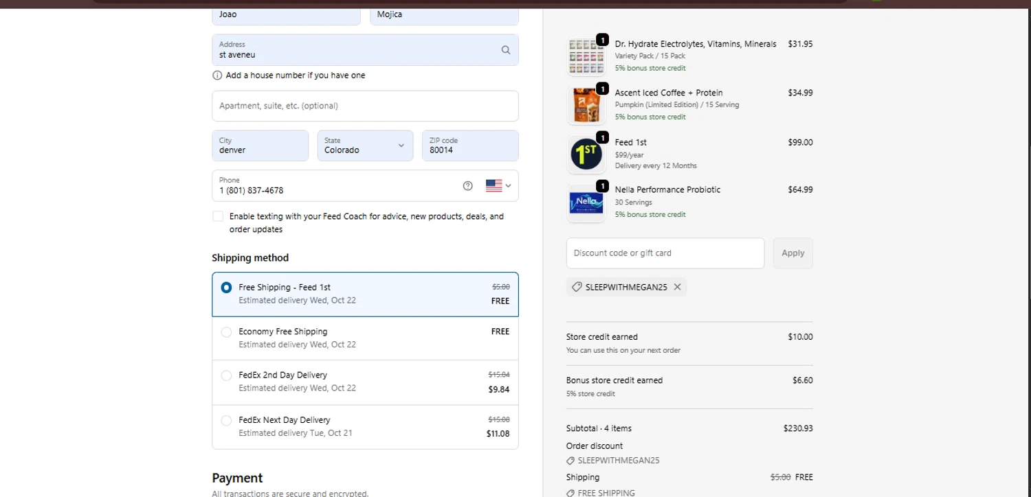 The Feed discount code screenshot showing code SLEEPWITHMEGAN25 applied at The Feed checkout page. Uploaded by SimplyCodes community member juanisaac on Oct 19, 2025