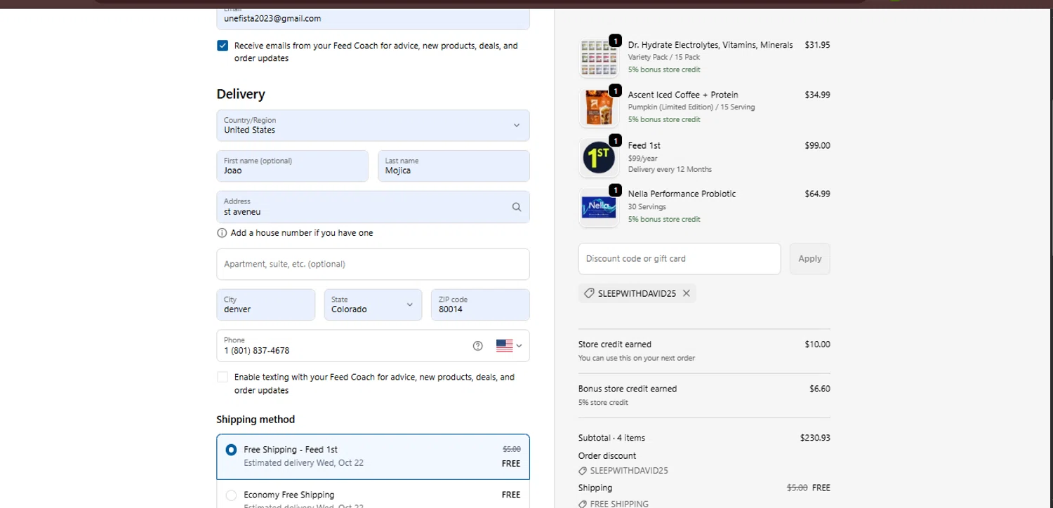 The Feed discount code screenshot showing code SLEEPWITHDAVID25 applied at The Feed checkout page. Uploaded by SimplyCodes community member juanisaac on Oct 19, 2025