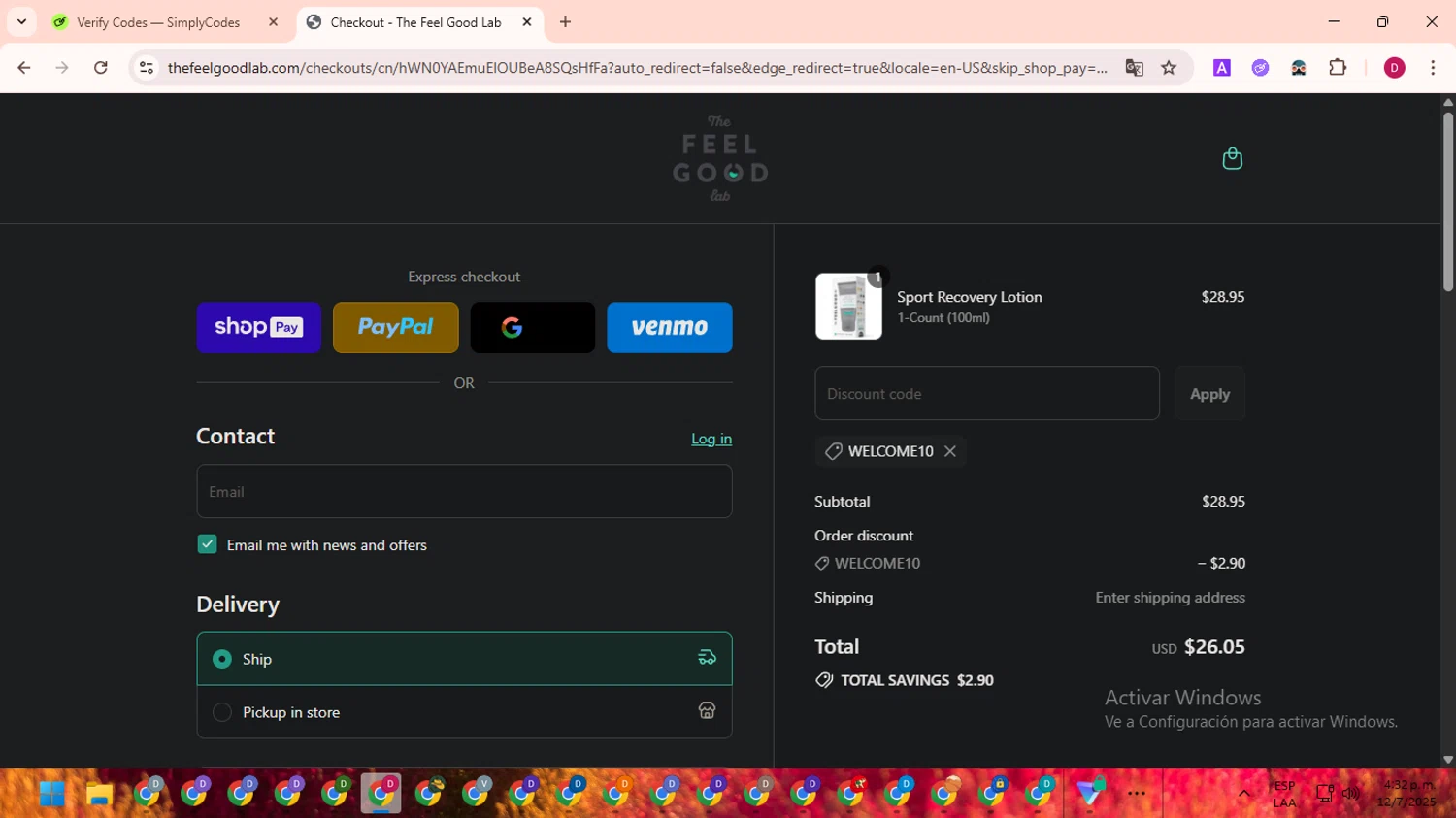 The Feel Good Lab promo code screenshot showing code WELCOME10 applied at The Feel Good Lab checkout page. Uploaded by SimplyCodes community member EpicSaver9948 on Jul 12, 2025