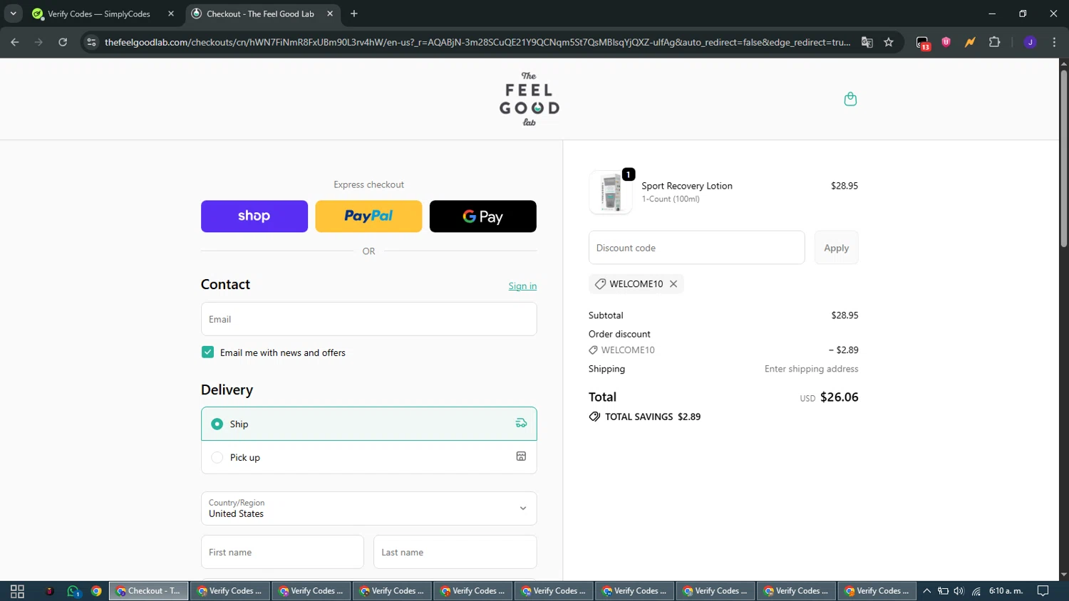 The Feel Good Lab promo code screenshot showing code WELCOME10 applied at The Feel Good Lab checkout page. Uploaded by SimplyCodes community member WiseMaven9968 on Jan 5, 2026