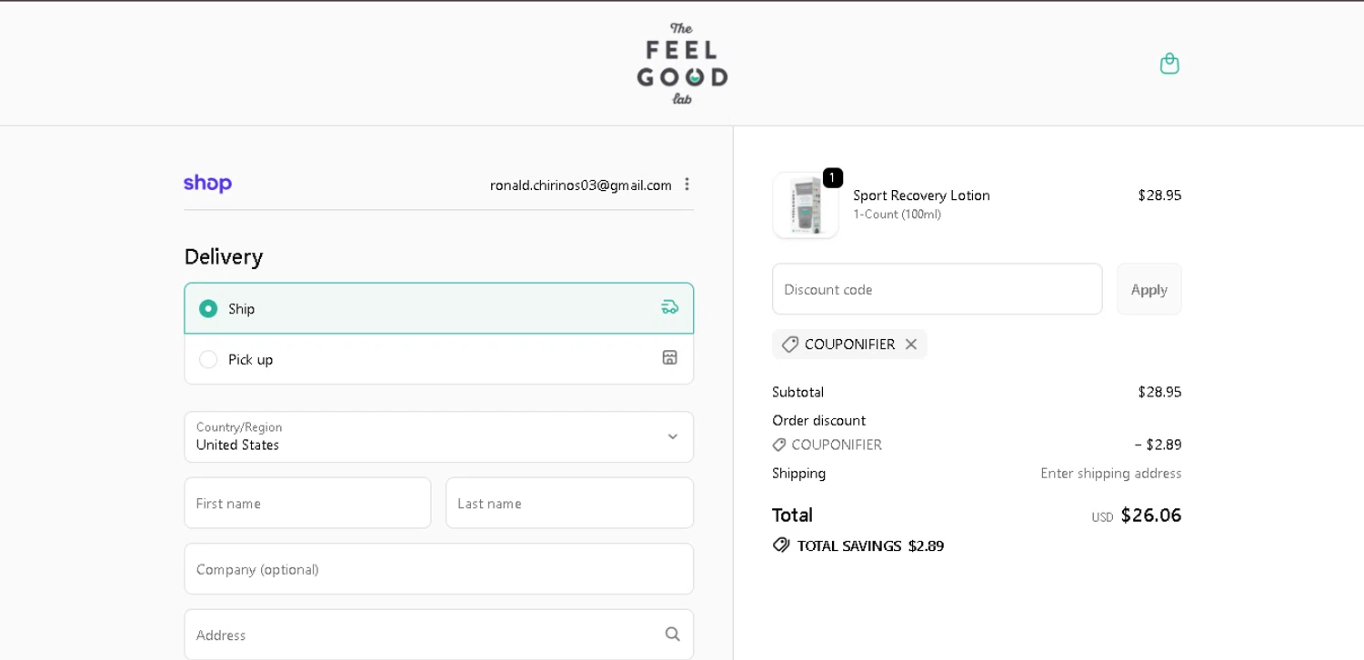 The Feel Good Lab checkout page showing The Feel Good Lab promo code box | Screenshot taken by SimplyCodes community member on Jan 5, 2026