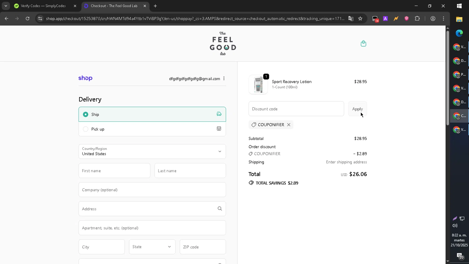 The Feel Good Lab promo code screenshot showing code COUPONIFIER applied at The Feel Good Lab checkout page. Uploaded by SimplyCodes community member Cynoxx on Oct 21, 2025