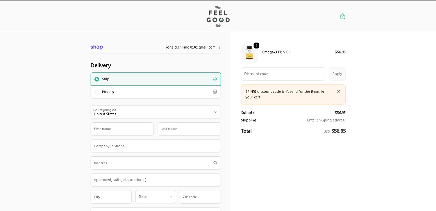 The Feel Good Lab checkout page showing The Feel Good Lab promo code box | Screenshot taken by SimplyCodes community member on Jan 5, 2026