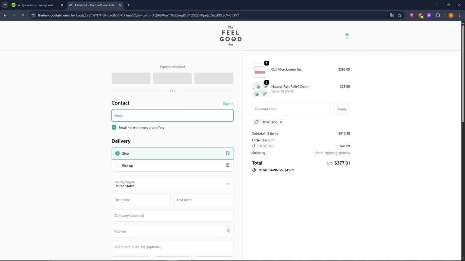 The Feel Good Lab checkout page showing The Feel Good Lab promo code box | Screenshot taken by SimplyCodes community member on Jan 5, 2026